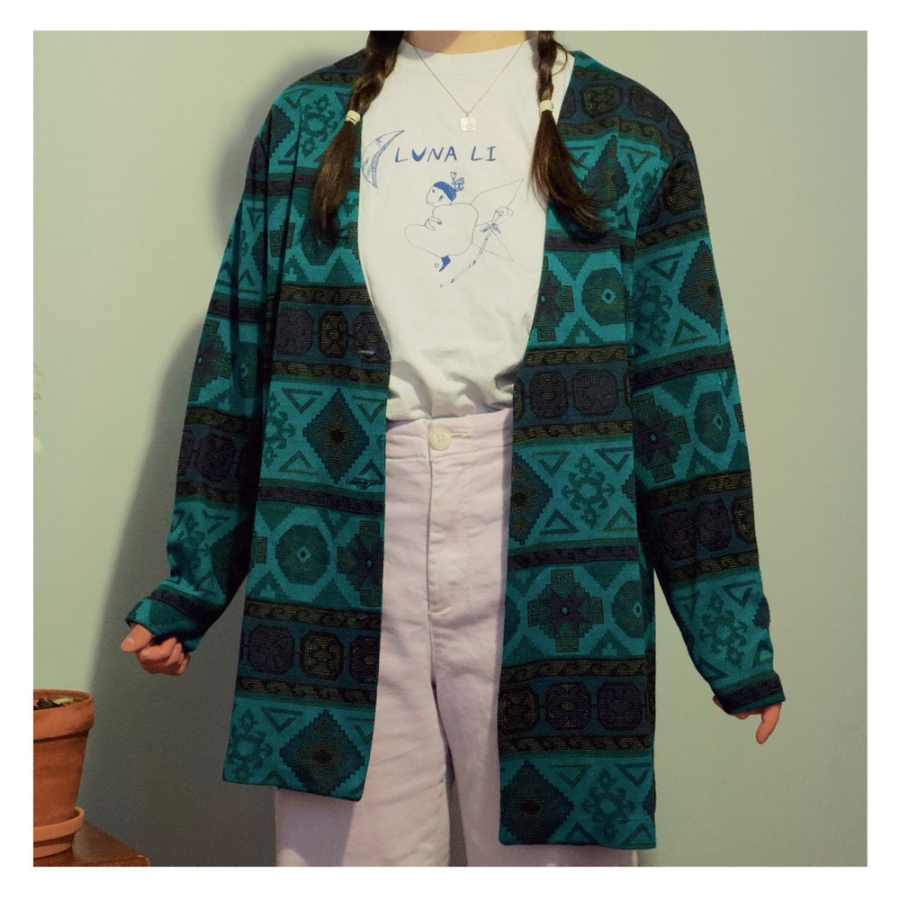 VTG Turquoise Patterned Sweater Jacket Cardigan